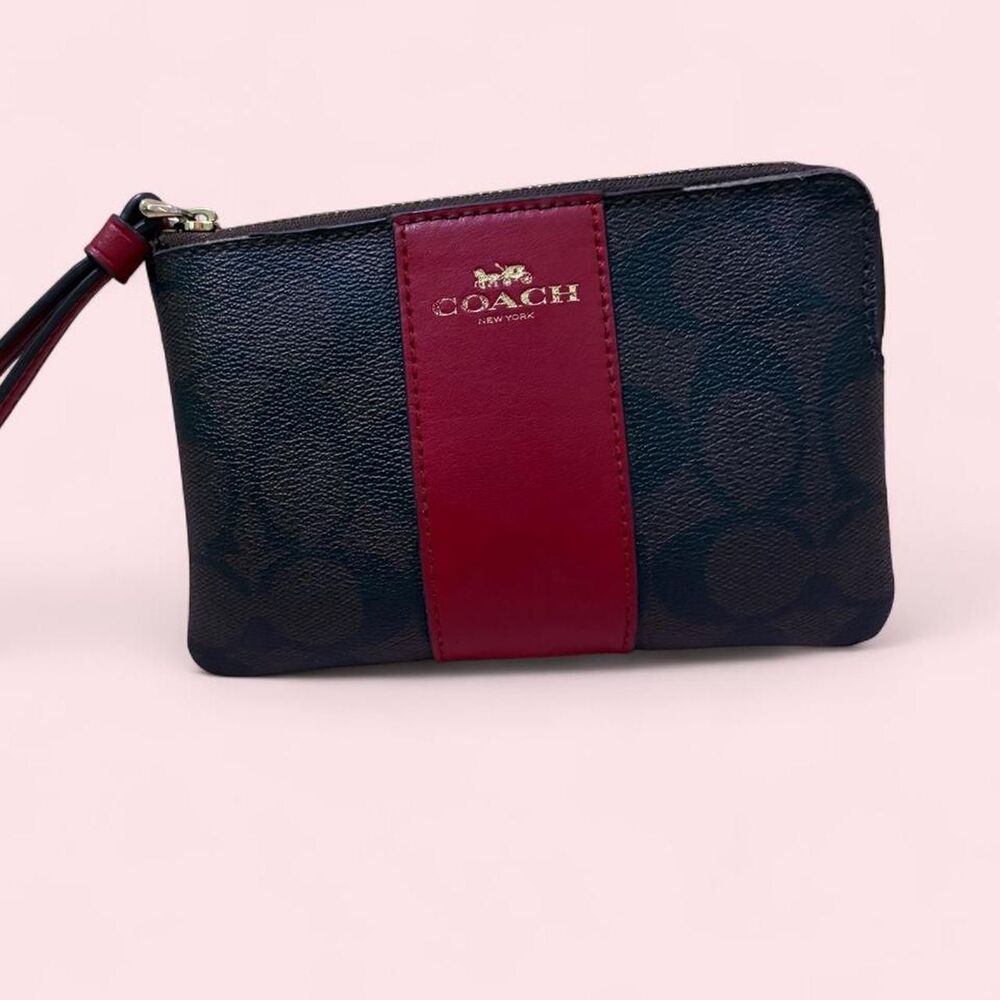 Coach Signature Brown & Red Corner Zip Wristlet Wallet | Canvas & Leather